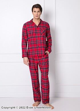 Herrepyjamas og buksepyjamas, lange ermer, lomme, skotskrutet mønster